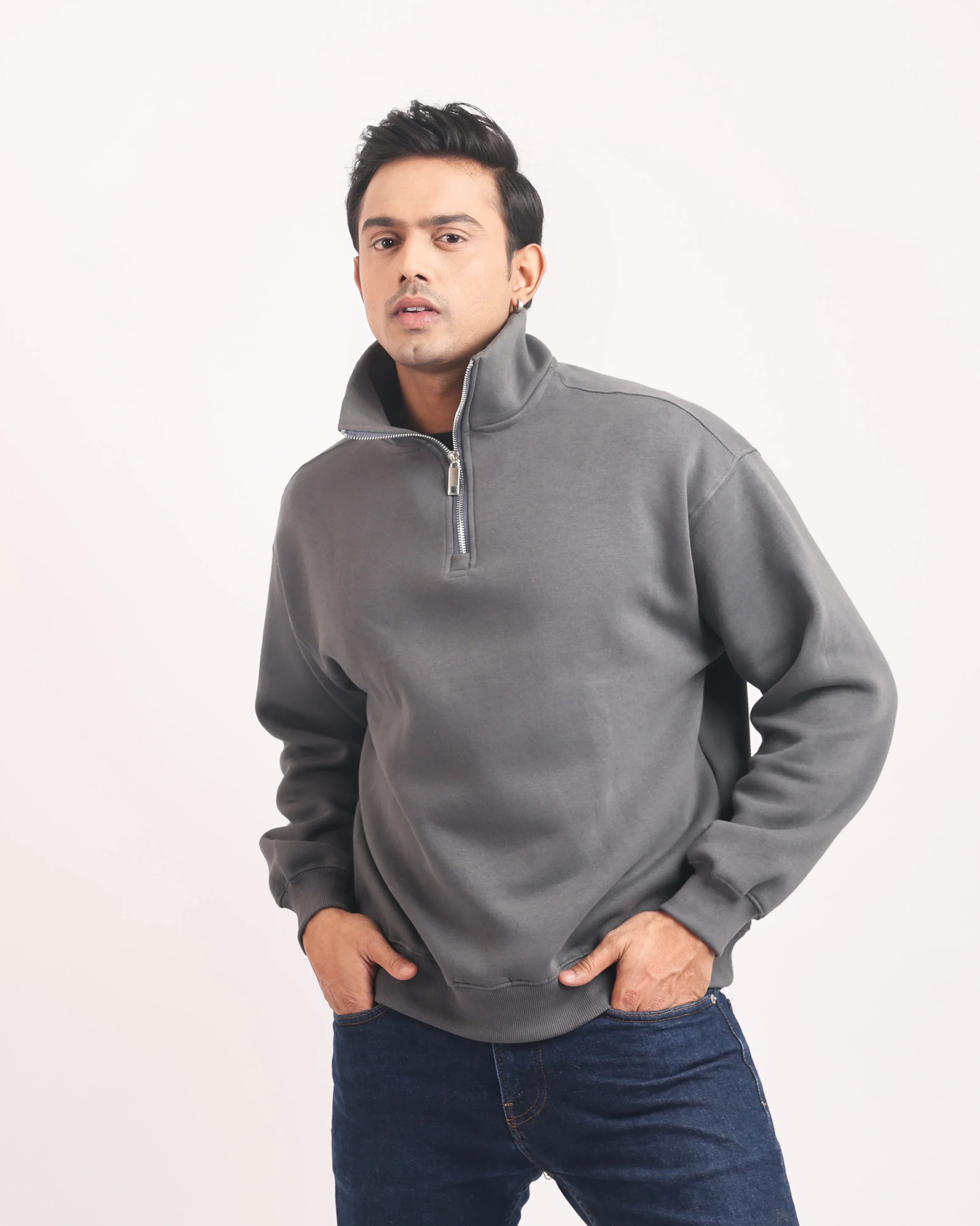 SMOKE GREY ZIP TOP SWEATSHIRT