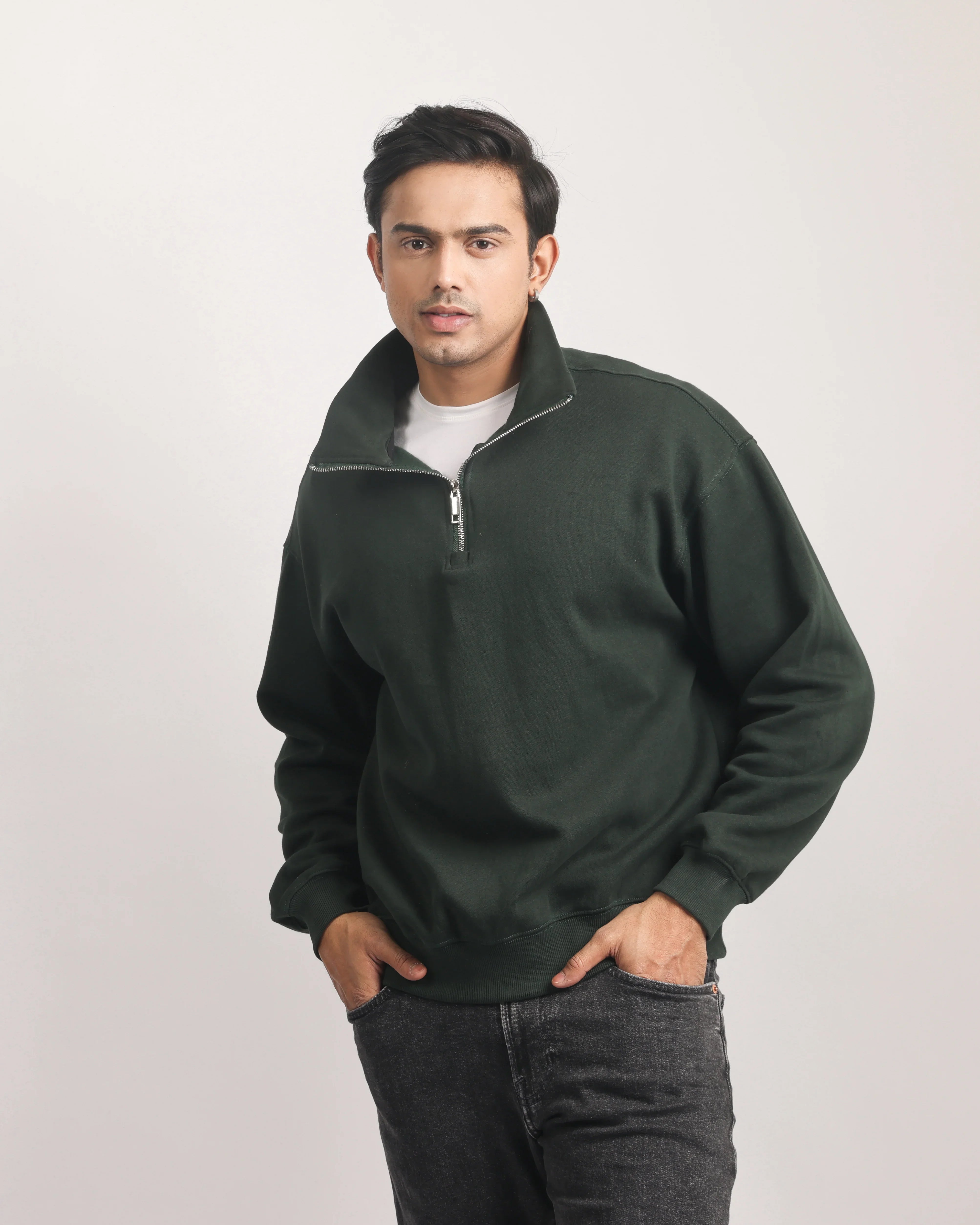 BOTTLE GREEN ZIP TOP SWEATSHIRT