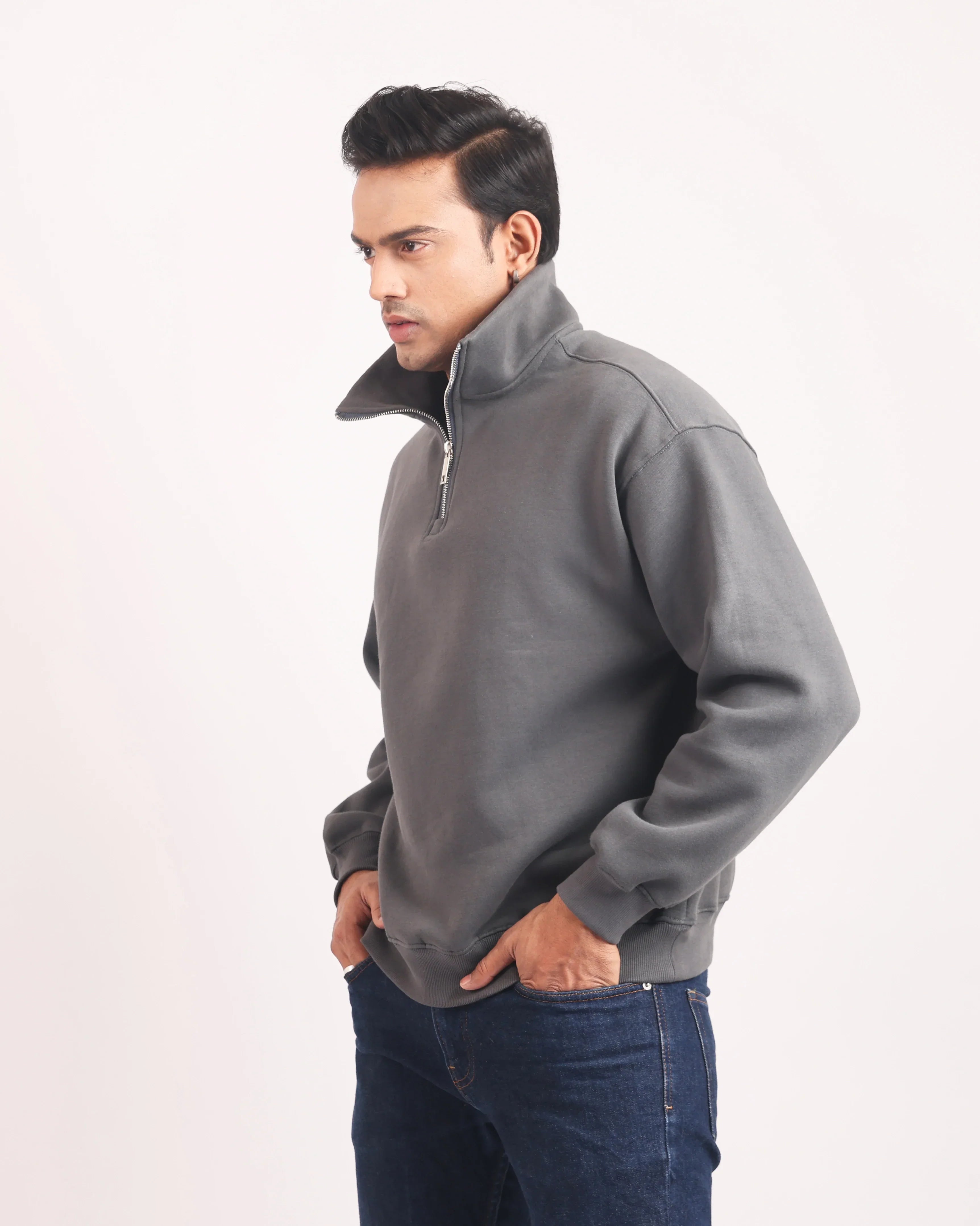 SMOKE GREY ZIP TOP SWEATSHIRT