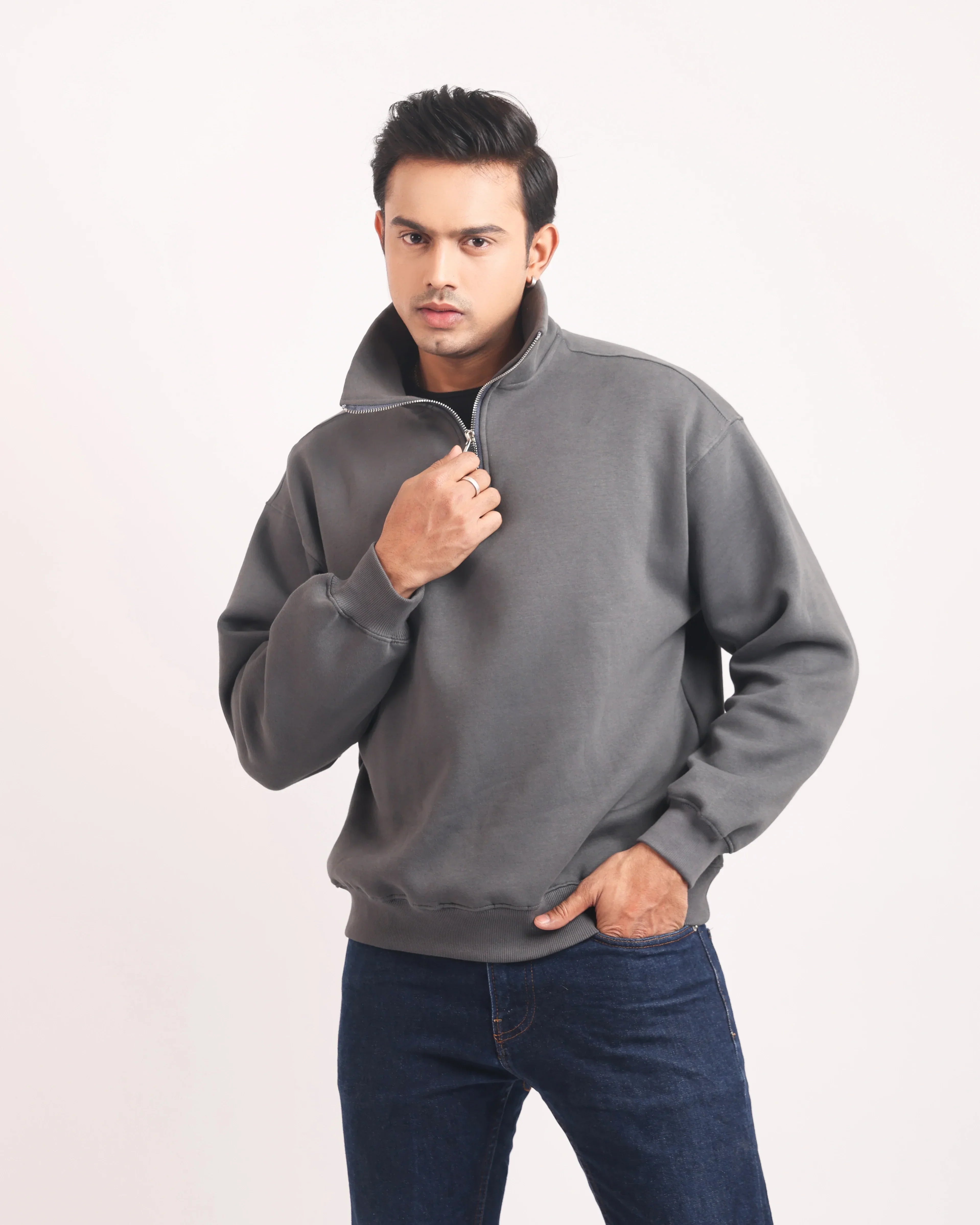 SMOKE GREY ZIP TOP SWEATSHIRT