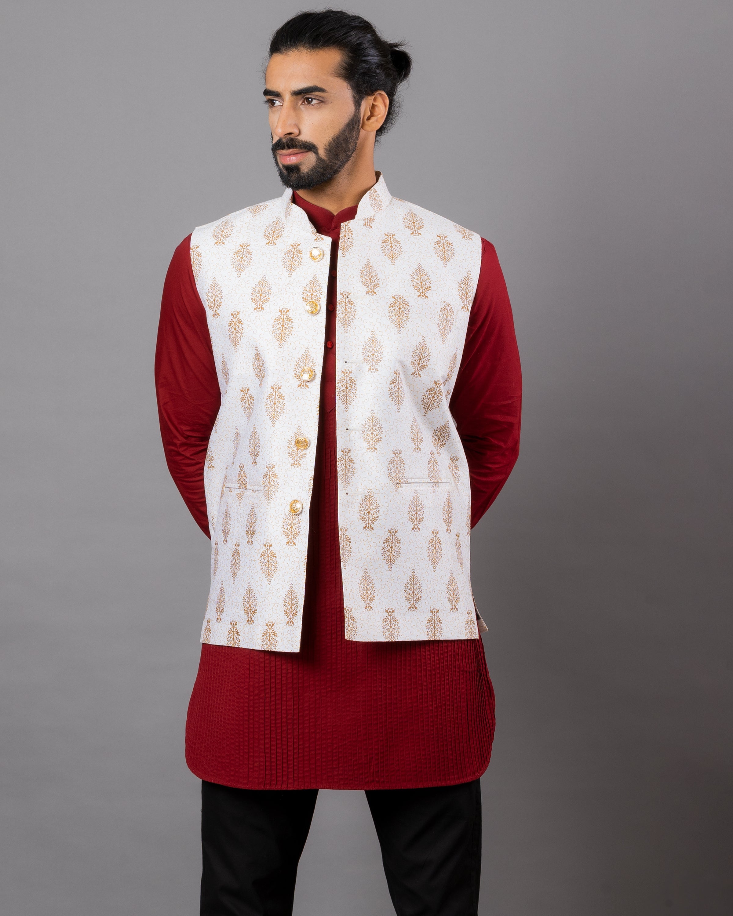 Buy Maroon Nehru Jacket- Linen Satin Kurta - Bam Darek Paisley And Set For  Men by Smriti by Anju Agarwal Online at Aza Fashions.