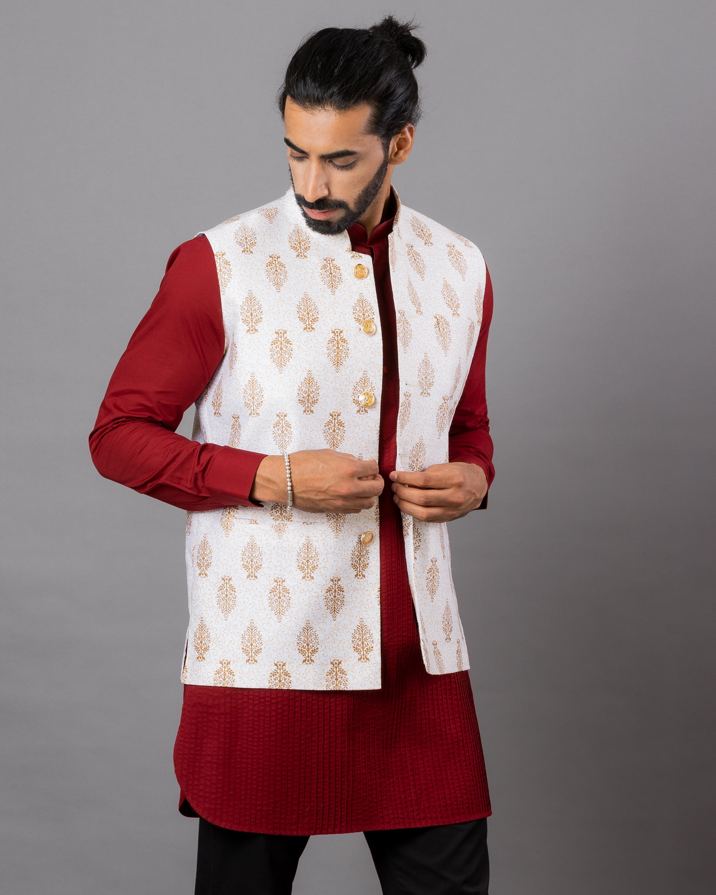 Nehru Jacket and Kurta Set for Men in Golden and Maroon - VedIndia.com