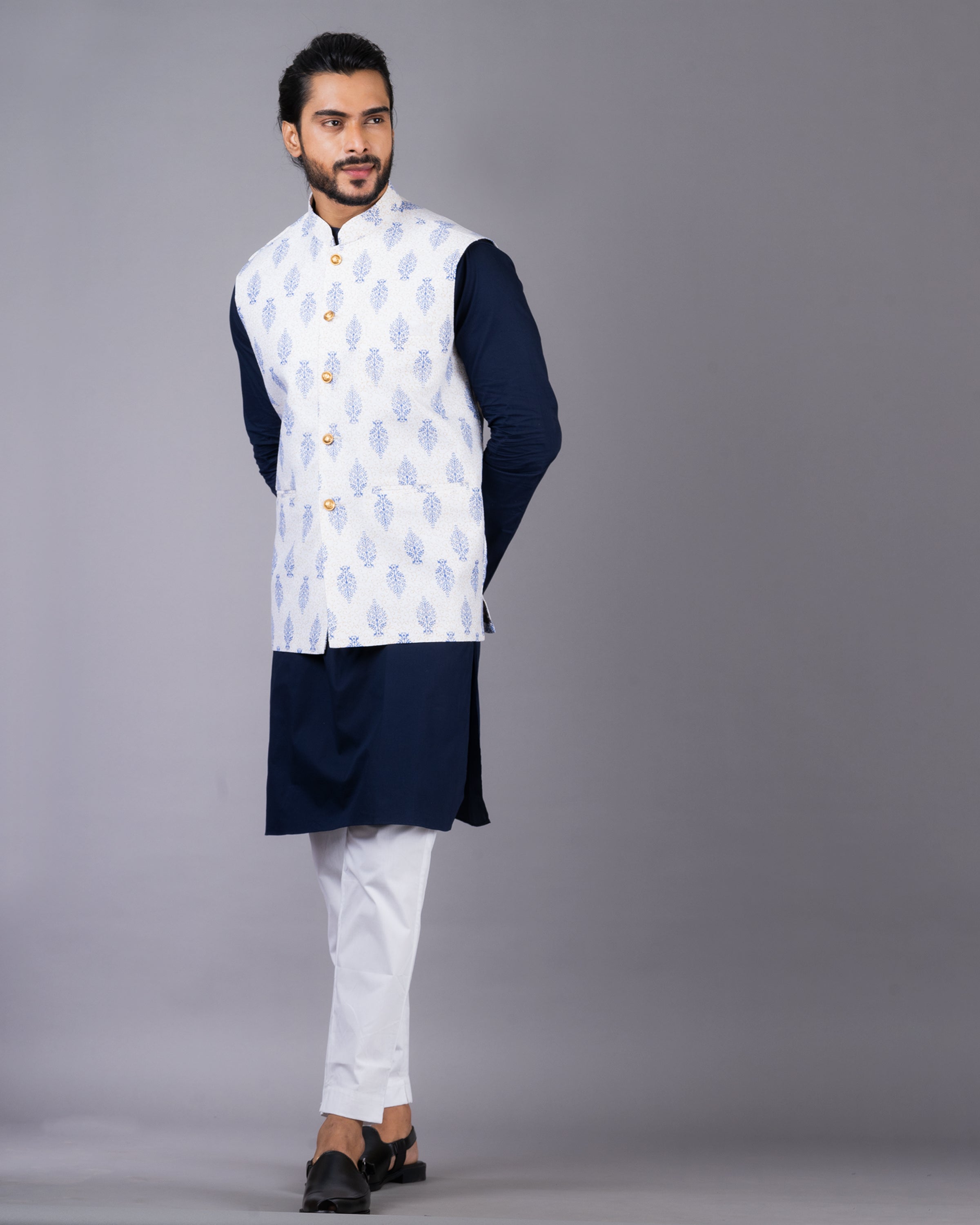 Men's White Kurta With Dhoti & Blue Printed Nehru Jacket at Rs 2199 |  Prayagraj| ID: 2849567986562